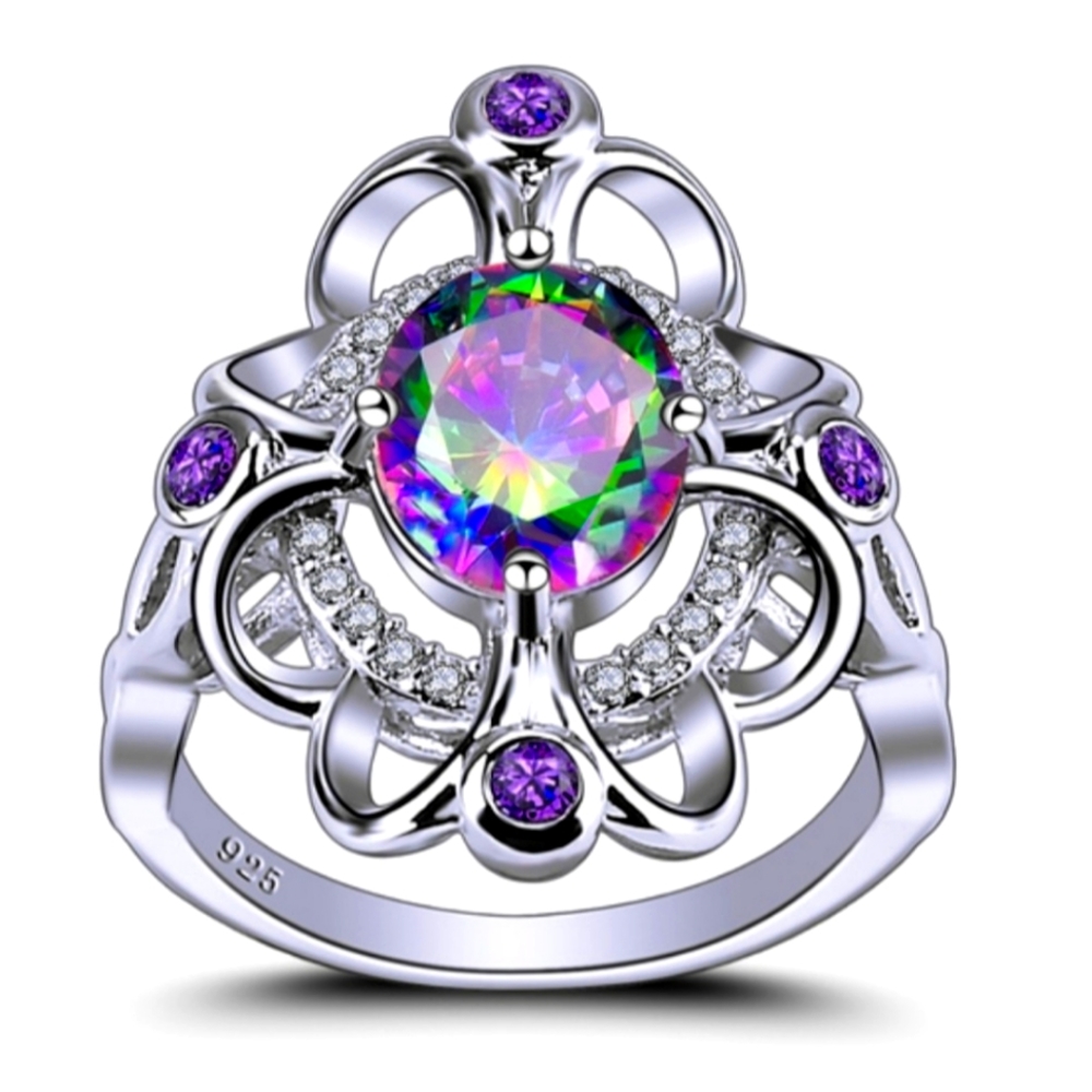 🦋 Mystic Topaz & Amethyst Silver Ring sz 8